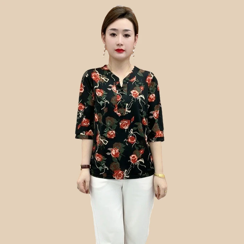 春夏新款遮肉显瘦妈妈装中袖T恤时尚女装中老年妈妈款夏季上衣
