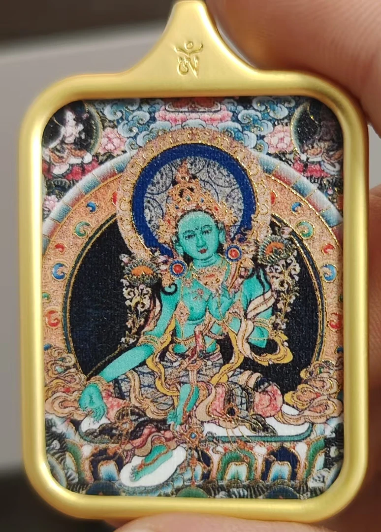 绿度母唐卡摆件钛钢合金吊锥手工编织五彩摆件彩色九华山描金