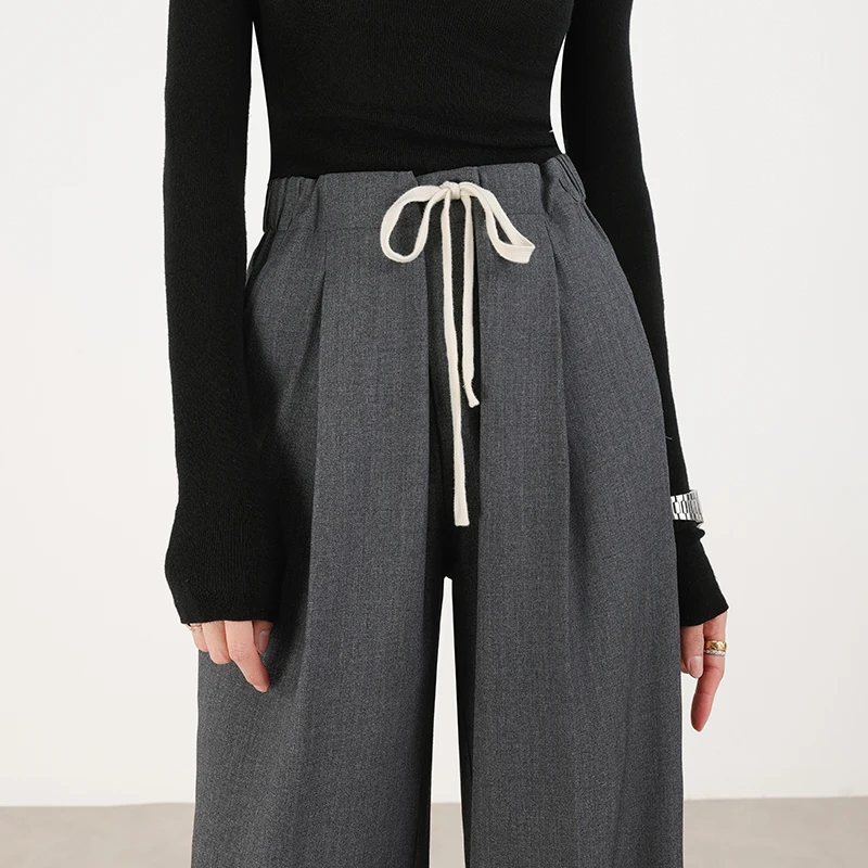 灰色西装阔腿裤女春季抽绳老钱风显瘦垂感花苞松紧休闲高腰直筒裤