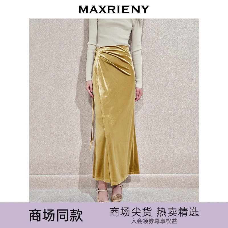 【商场同款-节庆新中式】MAXRIENY盘扣装饰褶皱半裙女丝绒长裙