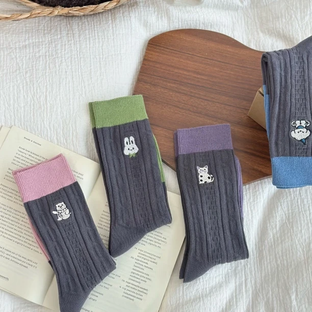 【MJ-52】春秋款双针棉袜条纹定制女士中高筒袜潮流百搭