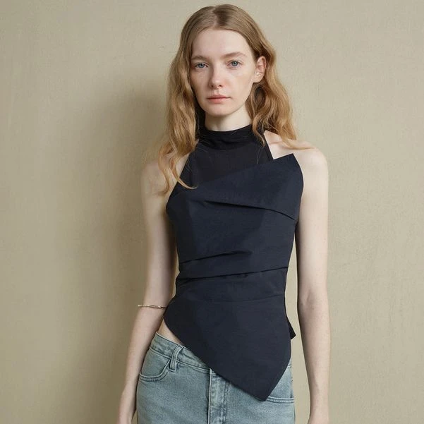 someone sometimes建筑廓形不对称叠层拼接高领挂脖系带背心女