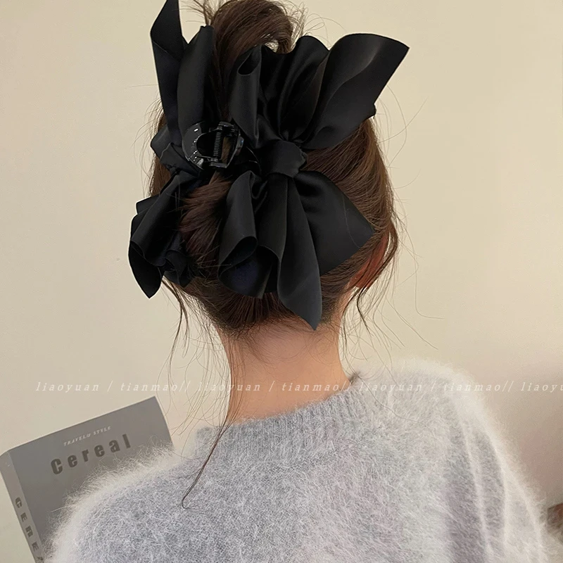 法式超大号黑色缎面蝴蝶结抓夹高级感发夹女后脑勺优雅鲨鱼夹~