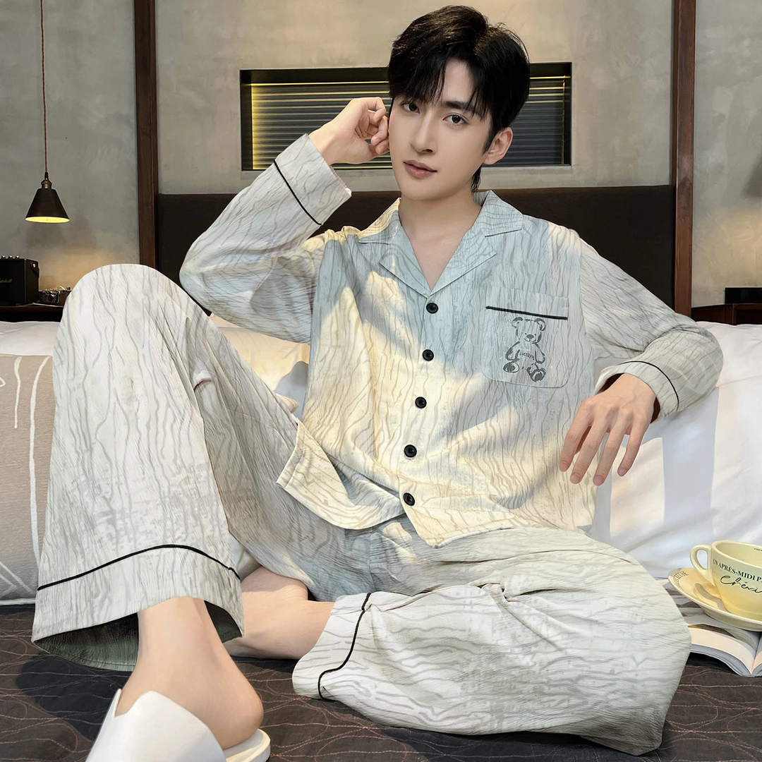 新款春秋款睡衣男士条纹长袖长裤家居服宽松可外穿痞帅休闲套装