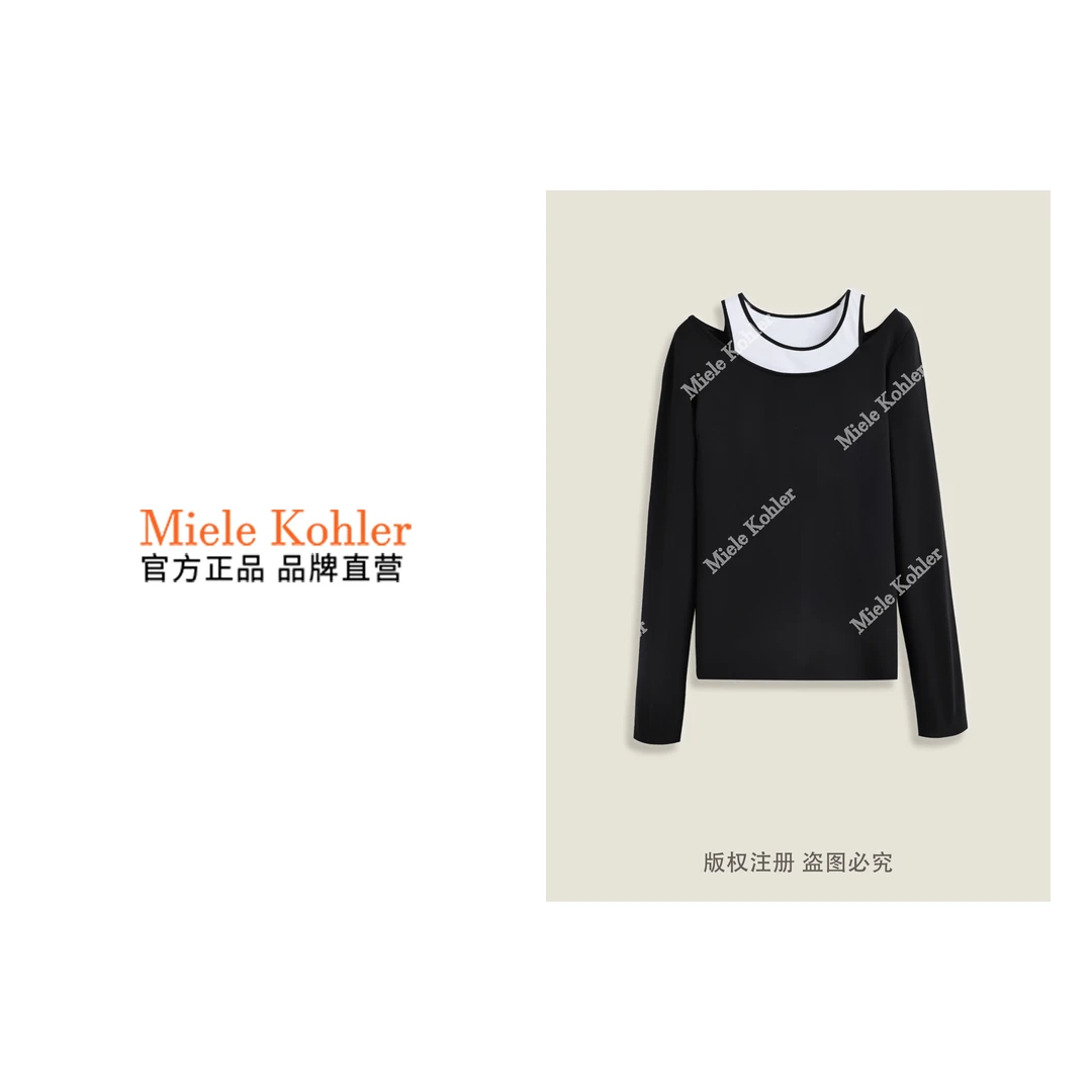 春季新款简约假两件露肩设计长袖T恤女款MKKQ88806【澳门小源同款】