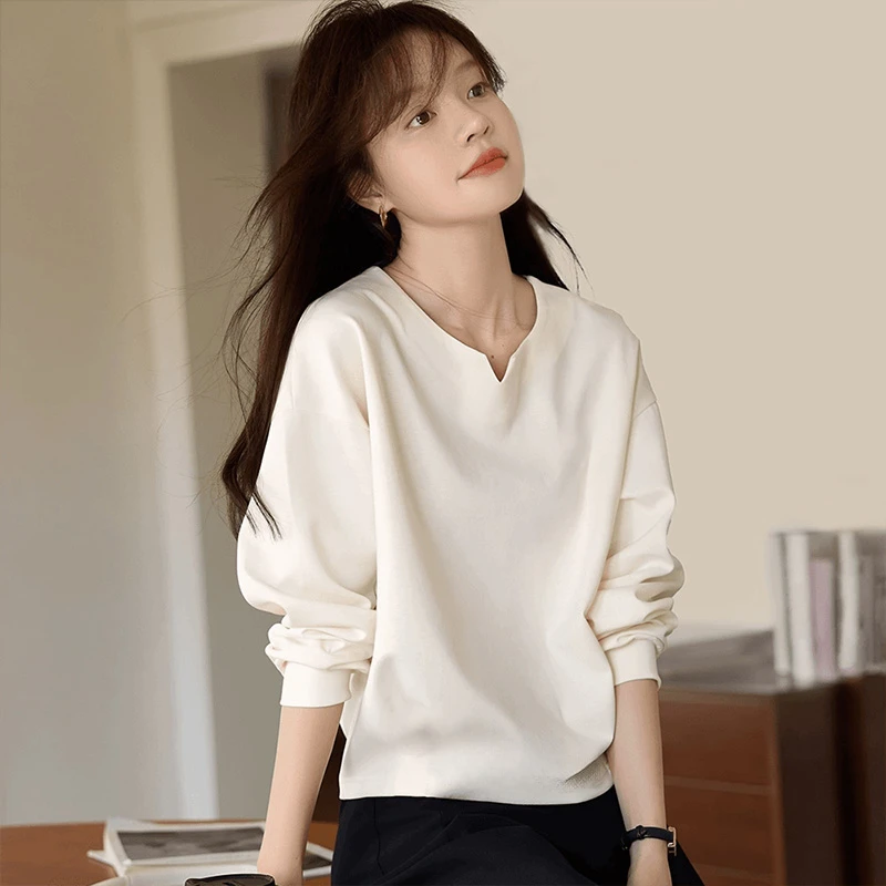 欧货春季新款休闲套头V领宽松卫衣T恤女简约显瘦设计百搭上衣