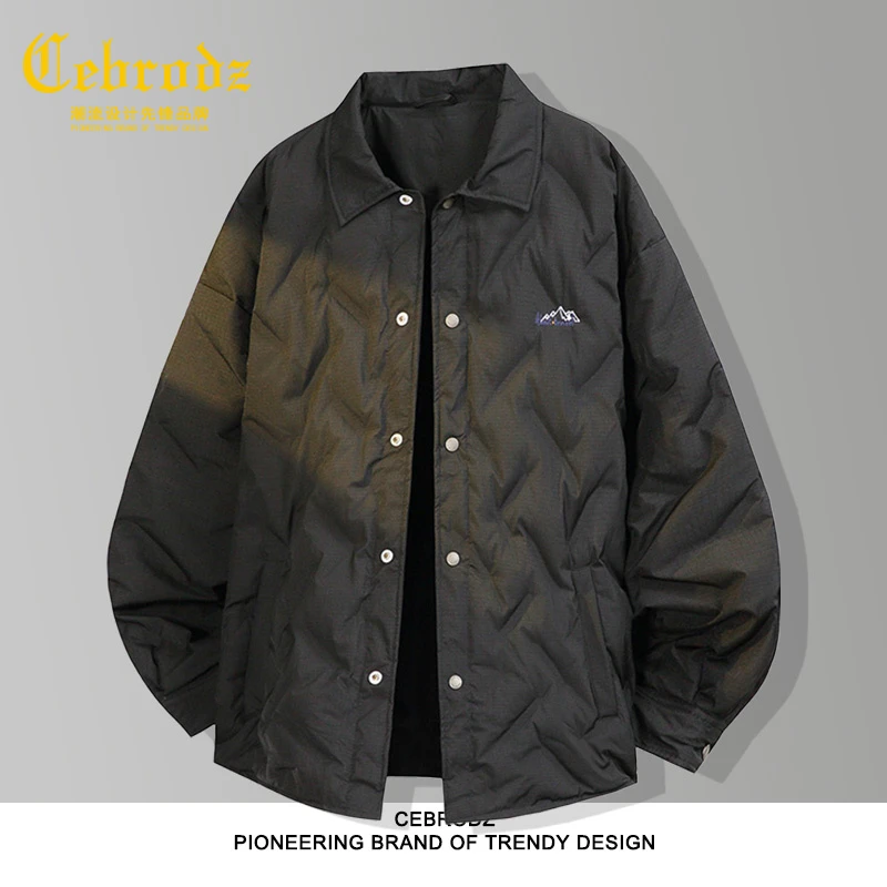 法国Cebrodz美式刺绣压花衬衫翻领羽绒服男大码宽松轻薄显瘦外套