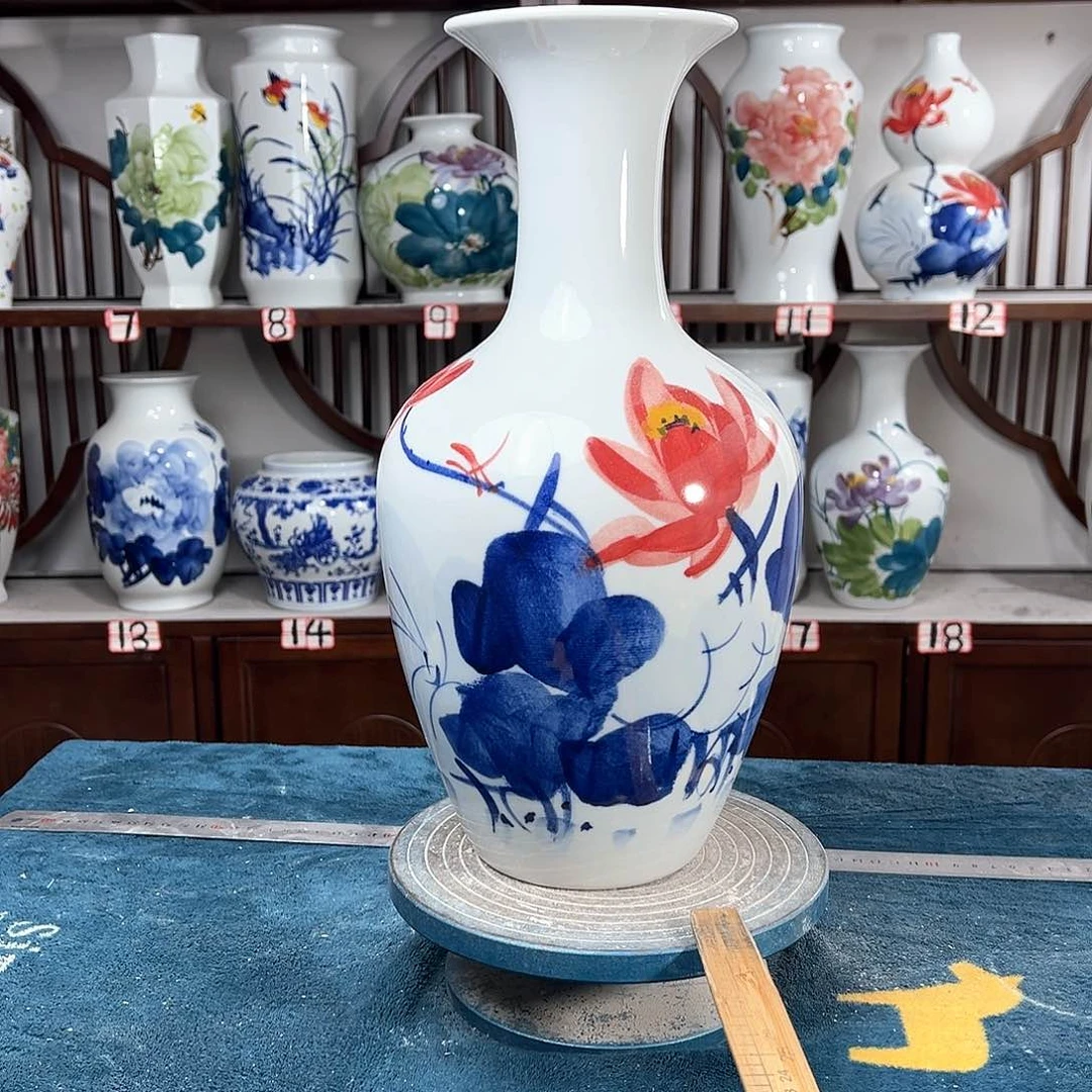 摆件景德镇陶瓷棒红荷