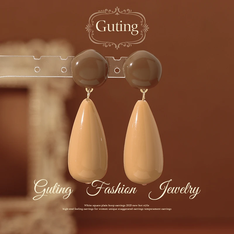 铜合金耳饰 22211复古红橙撞色水滴耳钉女耳环轻奢高级感气质耳饰