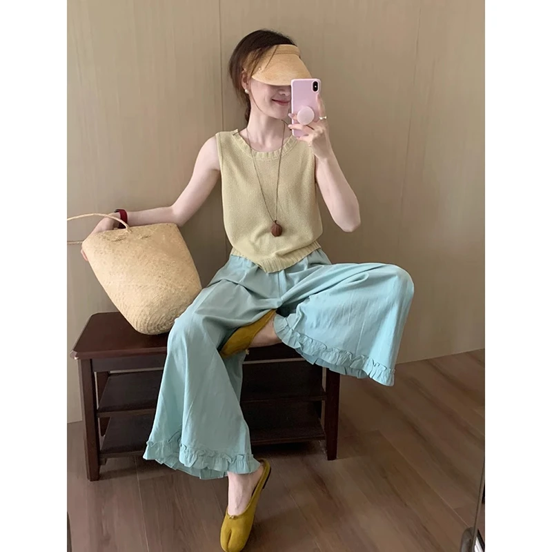 五一出游穿搭女装千金清冷感贵系洋气衣服女黄色背心蓝色裤子套装