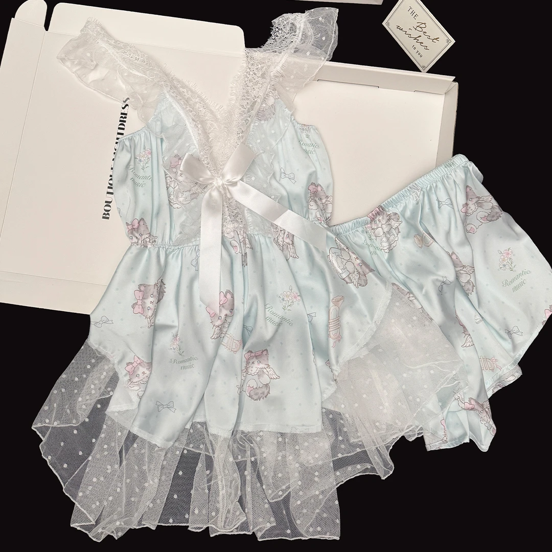 天使小猫咪吊带短裤睡衣女夏季冰丝网纱花边性感纯欲风睡裙