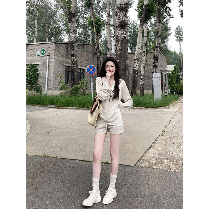 休闲慵懒运动套装女薄款POLO领长袖T恤夏季休闲显瘦短裤两件套潮