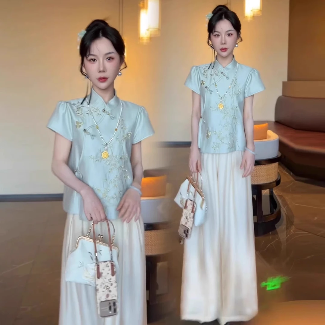 拉夏贝尔新中式国风套装女2025夏季新款显瘦刺绣盘扣阔腿裤两件套