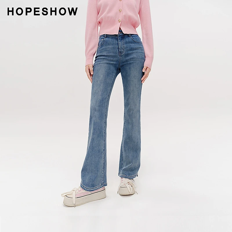 红袖春季2024新款女装 做旧水洗一粒扣微喇马蹄牛仔裤89124011301