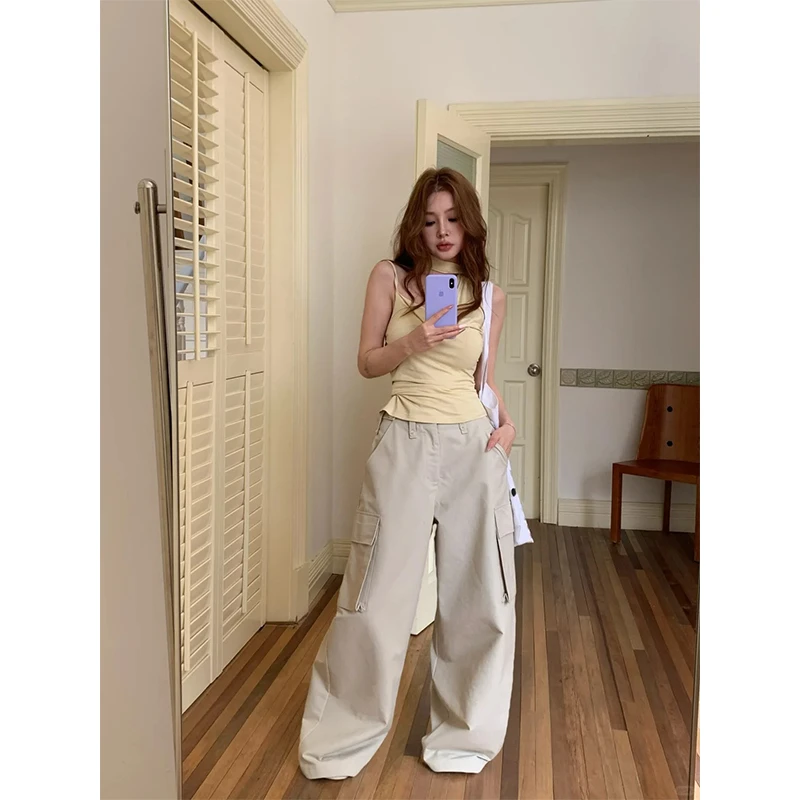 辣妹洋气时尚小众气质设计款吊带上衣百搭休闲显瘦直筒工装长裤女