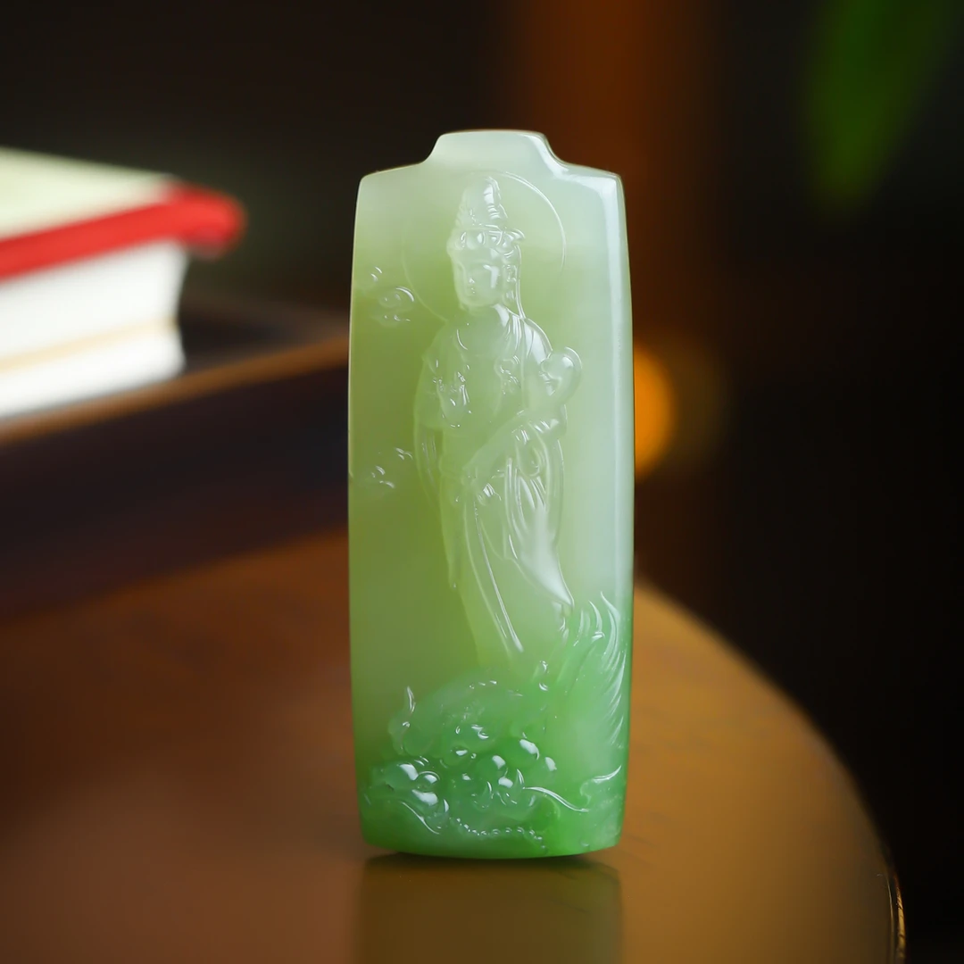 和田玉翠青手工俏色巧雕观音牌子男士吊坠男款挂件坠女士项坠女款