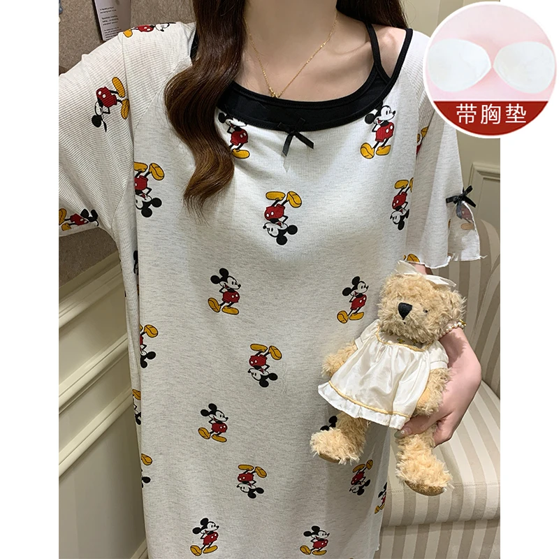 带胸垫性感女款连衣裙可爱老鼠宽松夏季莫代尔睡裙夏款短袖睡衣裙