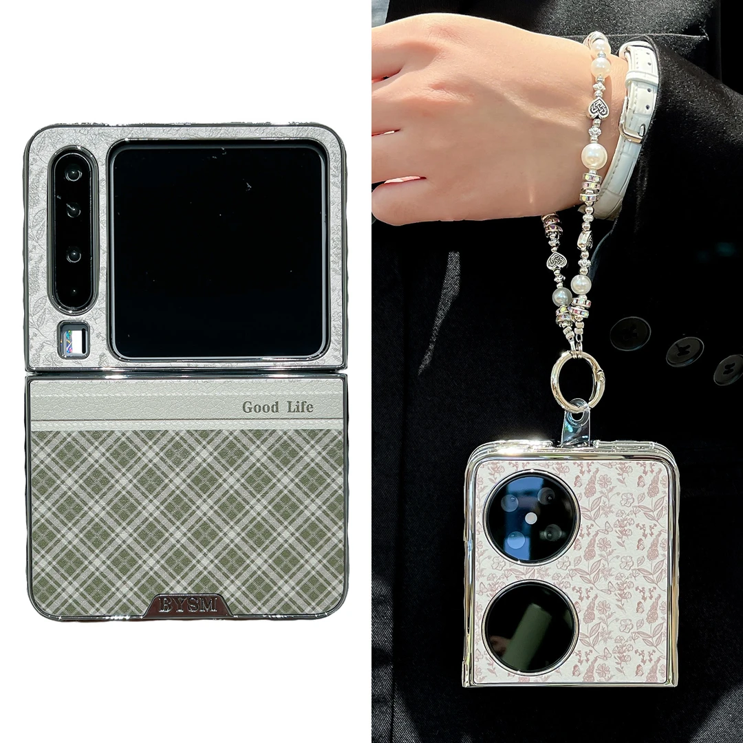 适用华为purax手机壳电镀秋冬格子碎花皮纹pocket2折叠女款保护套