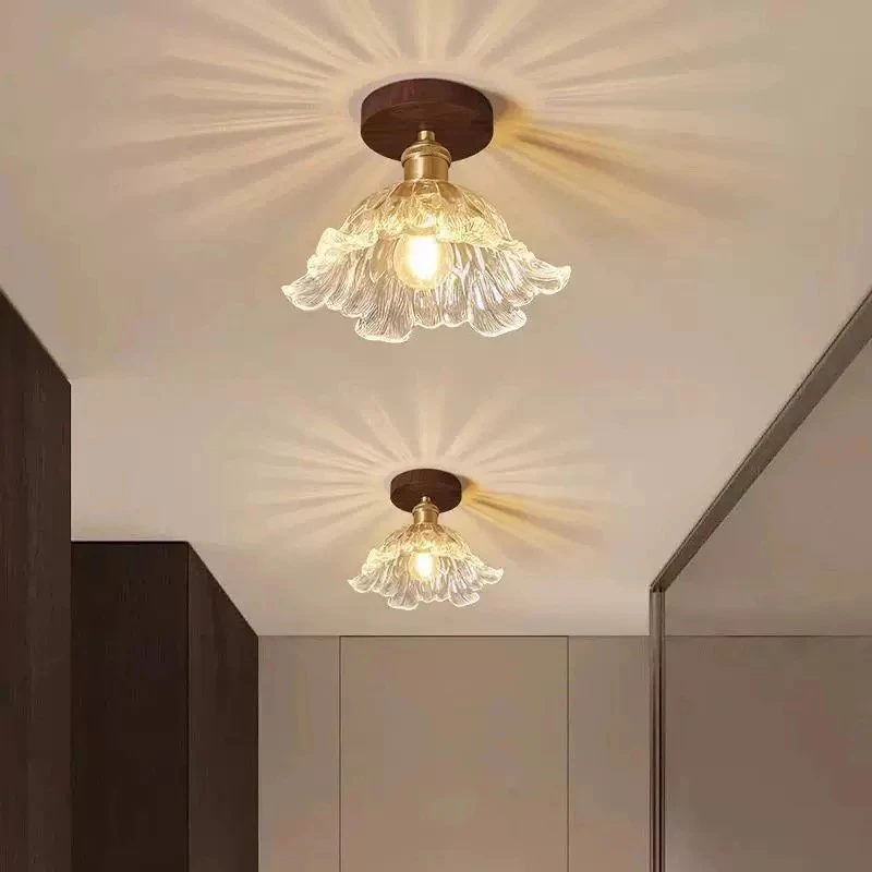 新中式过道灯吸顶灯胡桃木法式中古风入户玄关阳台走廊木质灯具