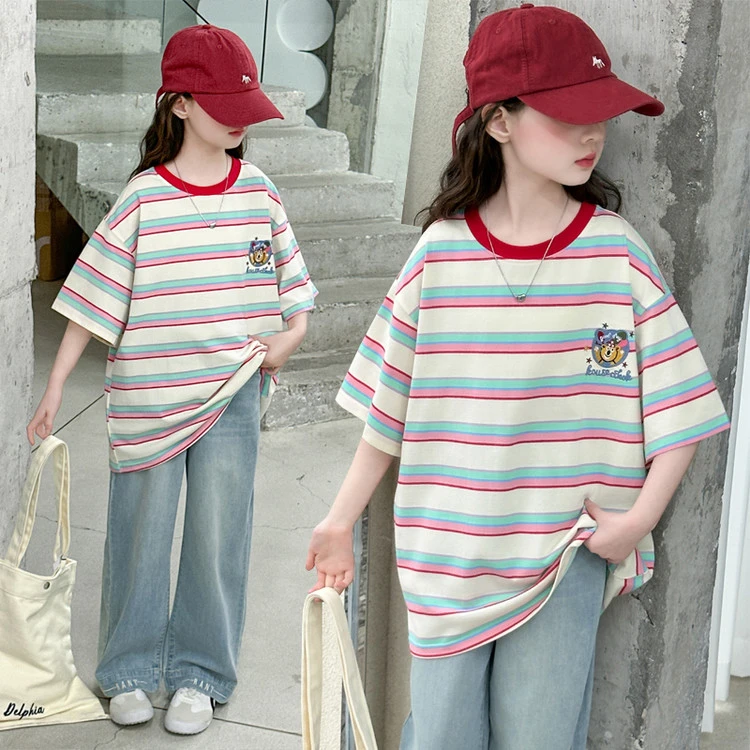 女童短袖牛仔裤套装2025新款夏季休闲时尚条纹T恤阔腿裤两件套潮T