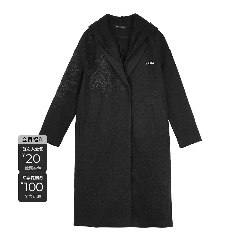 S·DEER圣迪奥秋冬女装黑色宽松时尚中长款连帽毛呢大衣S18481831