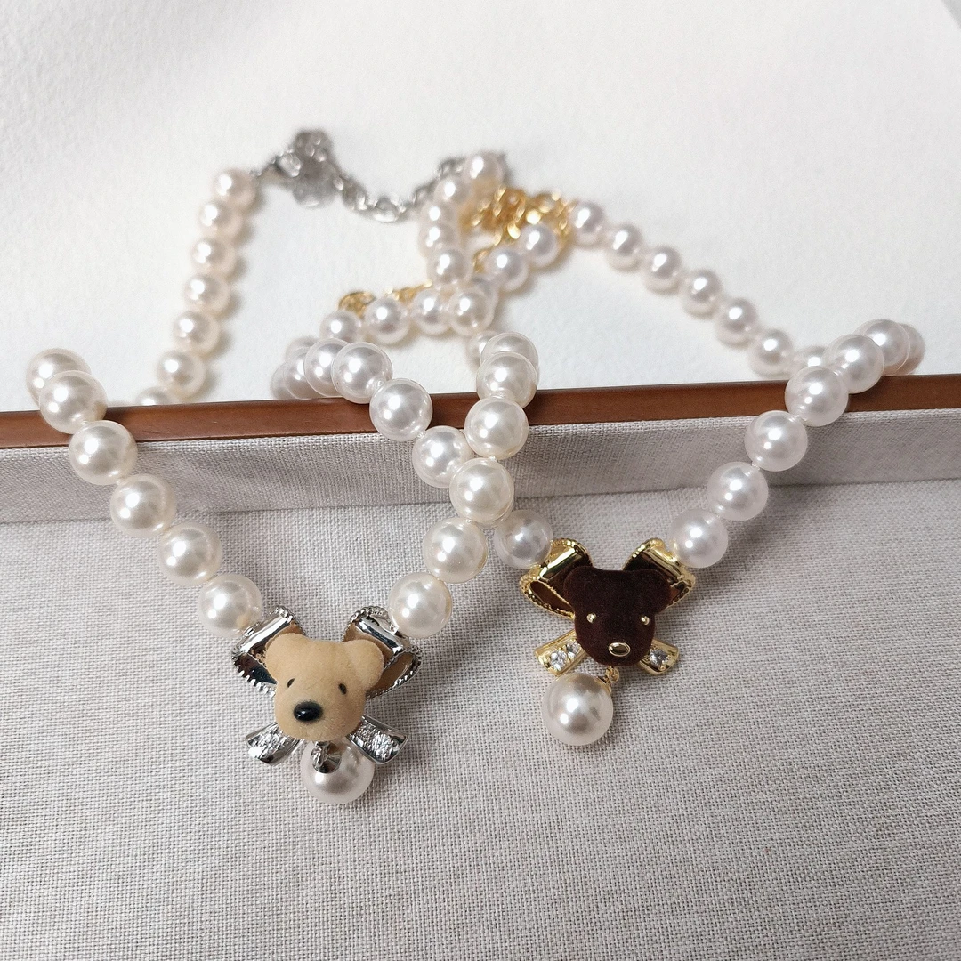 个性百搭款 珍珠蝴蝶结小熊头项链 9005