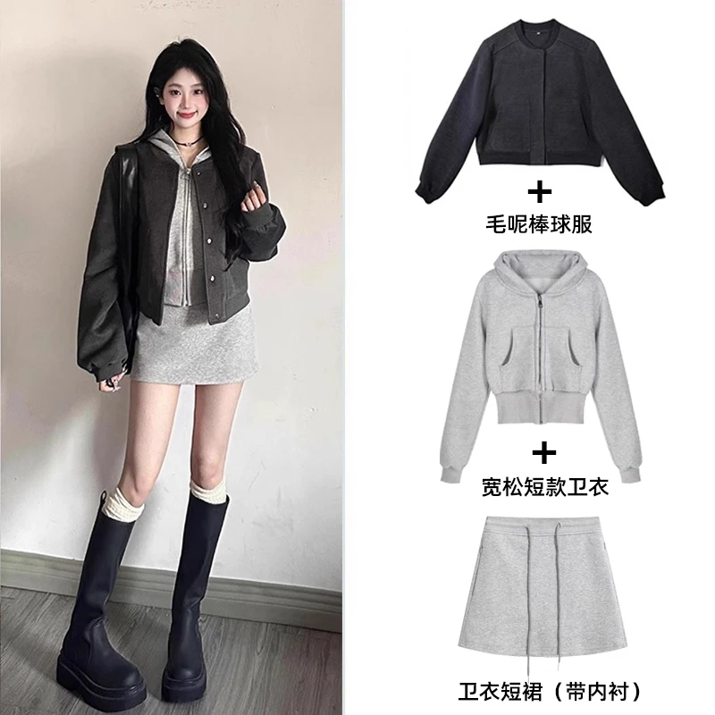 韩系棒球服套装女秋季短款正肩外套穿搭一整套2025新款美式休闲风