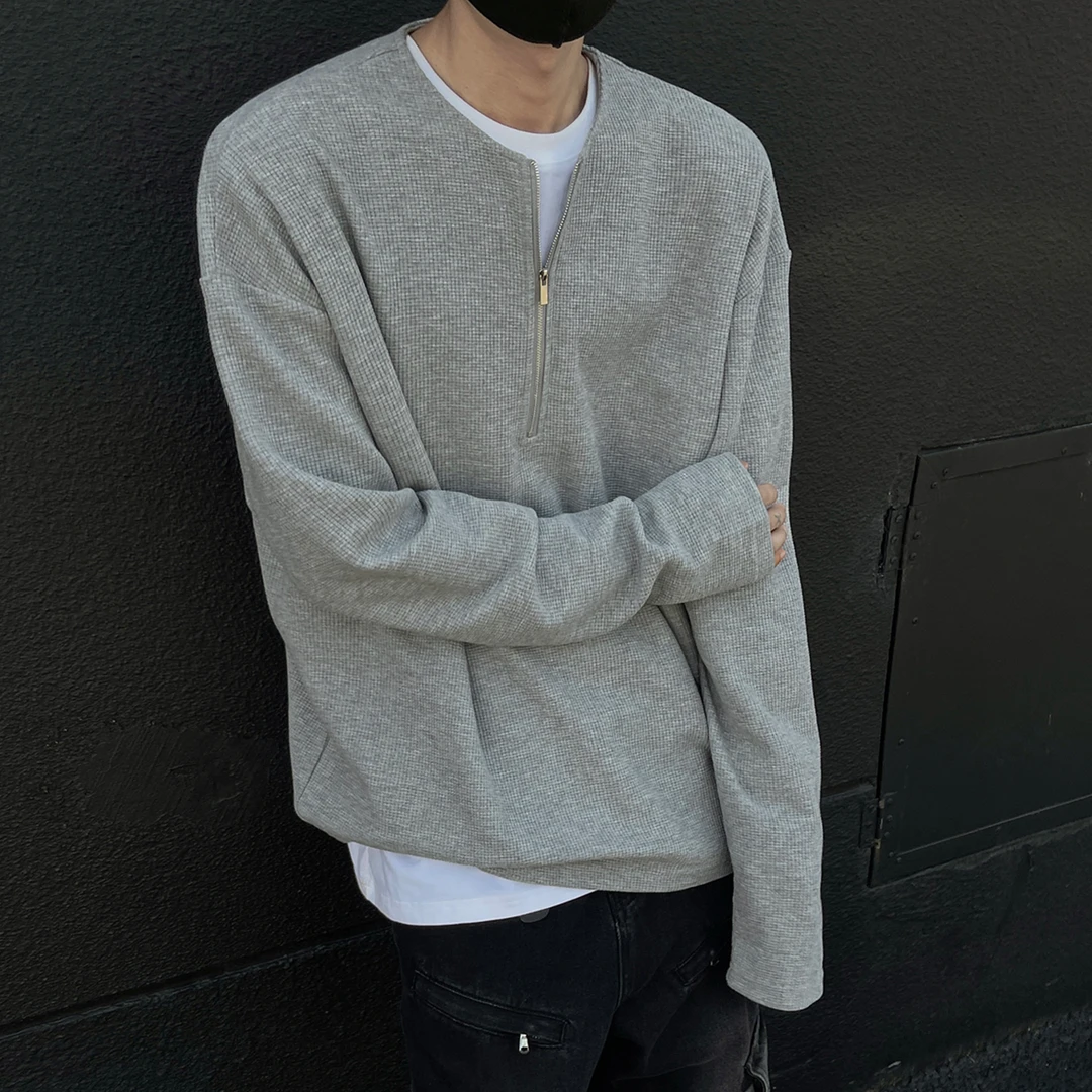美式半拉链长袖t恤男秋季高街潮牌华夫格打底衫复古宽松情侣上衣
