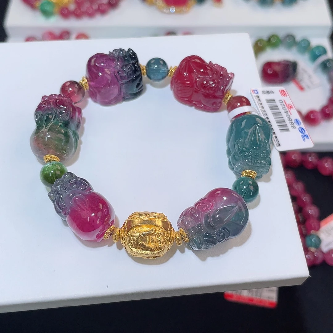 西瓜碧玺手链18K金镶嵌 藏品级 貔貅13-14+mm