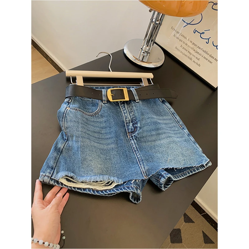 大码夏季设计感复古磨破牛仔裙裤小个子高腰显瘦遮胯A字半身裙裤