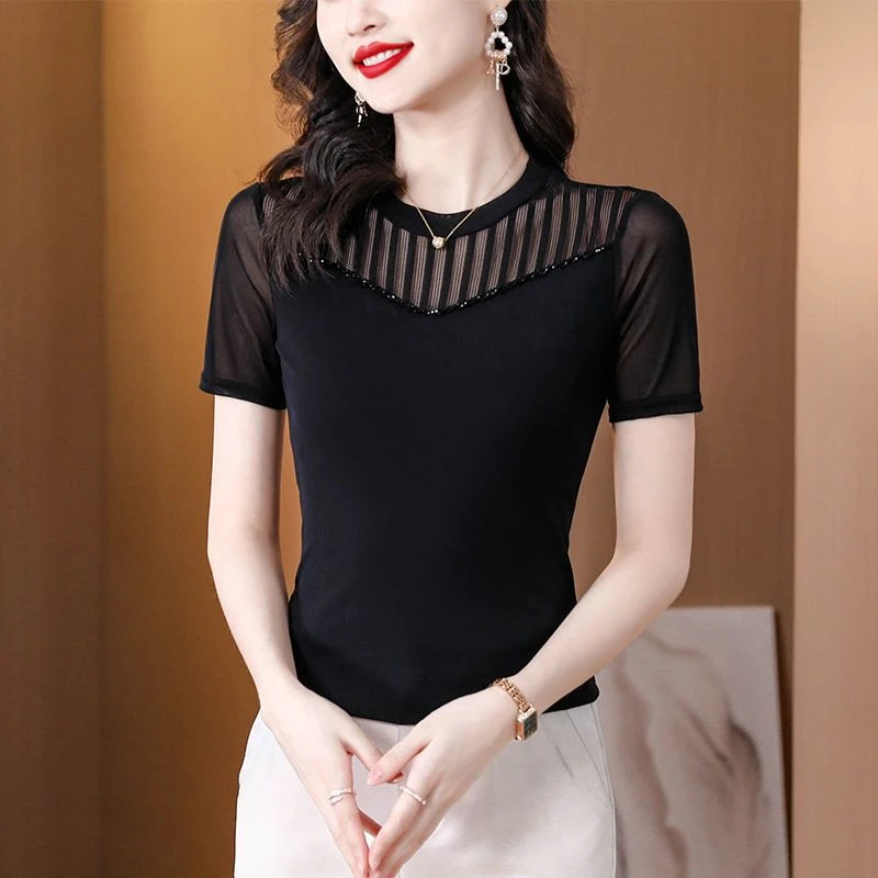 2025夏妈妈装蕾丝上衣女打底衫修身百搭黑色显瘦短袖网纱t恤洋气