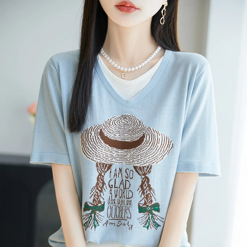 高级感撞色假两件针织衫短袖t恤夏季新款设计感时尚印花小衫上衣