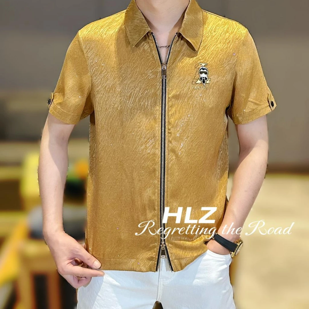 2025夏季新款男士小佛爷休闲时尚洒金工艺双拉链薄款翻领短袖衬衫