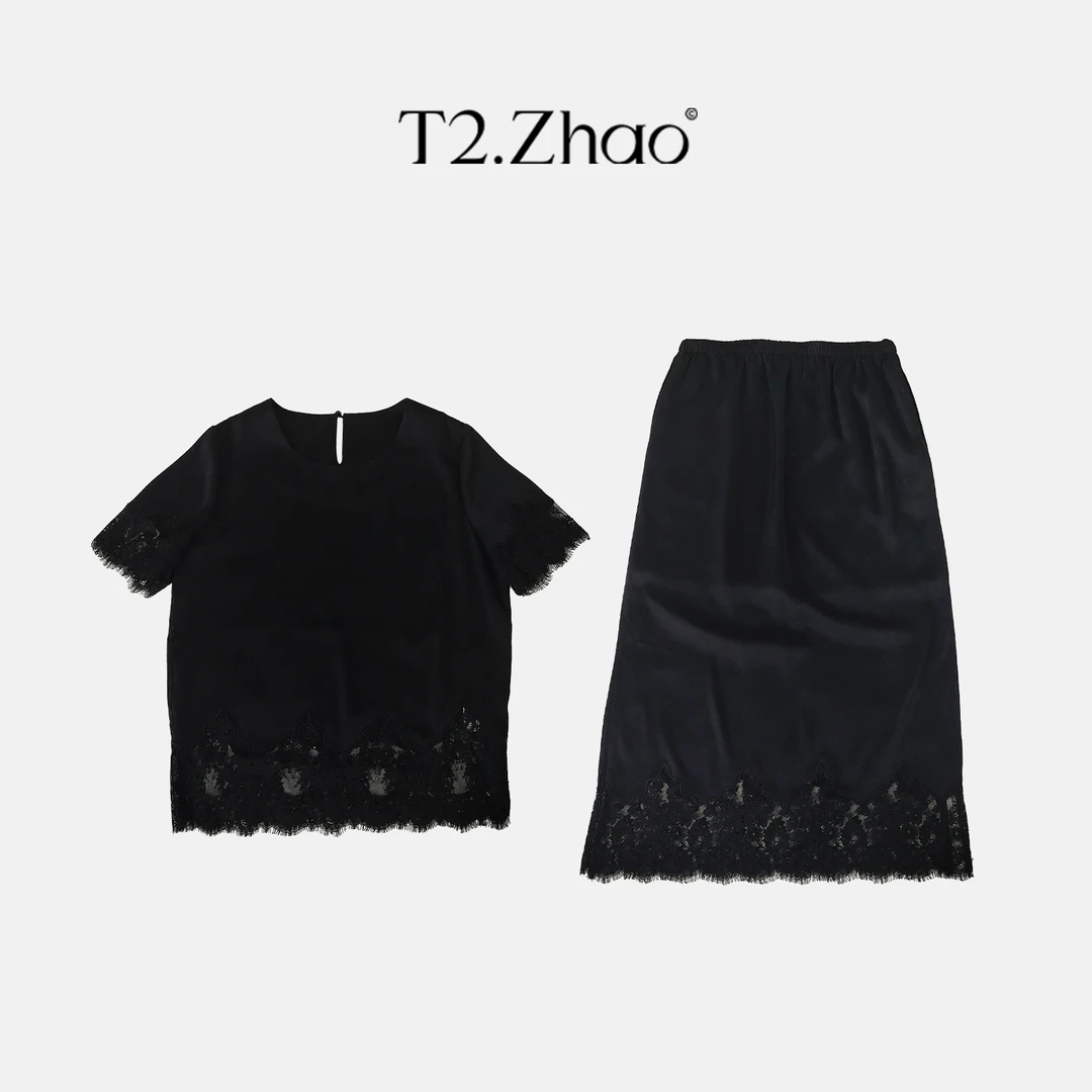 T2.Zhao [黑韵雅蕾] 蕾丝拼接短袖上衣与半身裙套装5117