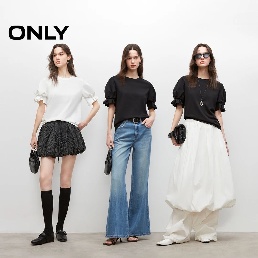 ONLY夏季”舒适正肩“圆领泡泡袖纯色短袖T恤女设计感|125201091