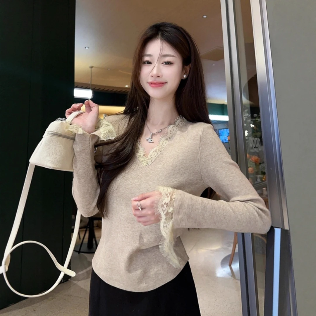 现货纯欲风V领蕾丝花边长袖针织衫女装开秋季气质修身打底衫内搭