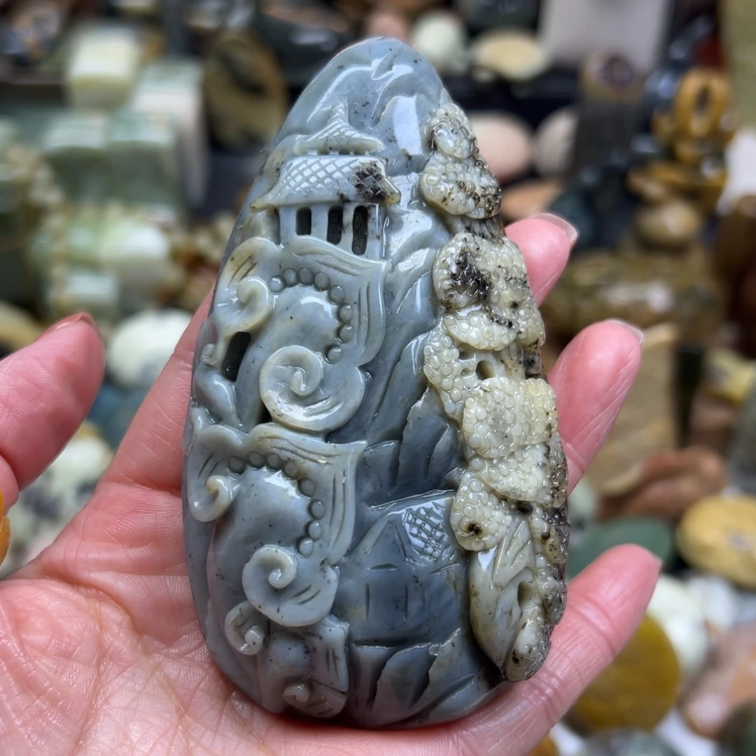 小***迹岫玉未镶嵌颈饰花玉原皮大山水