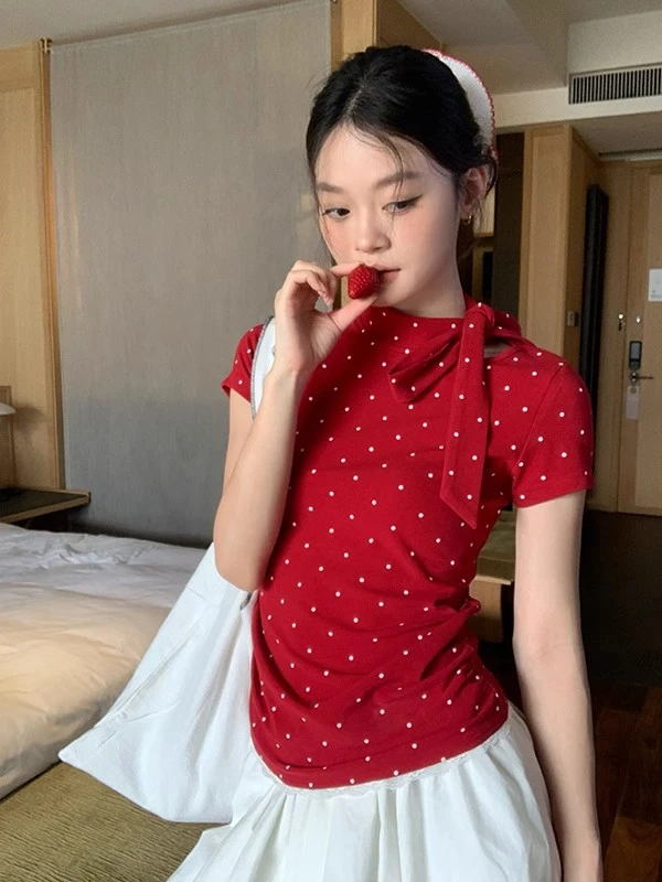 设计感波点蝴蝶结绑带立领短袖夏季新款红色小众别致设计感小上衣