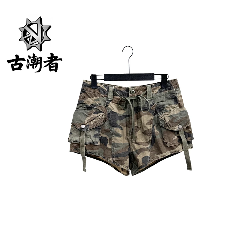 高街夏季迷彩微弹力显瘦低腰短裤时尚宽松休闲牛仔水洗美式