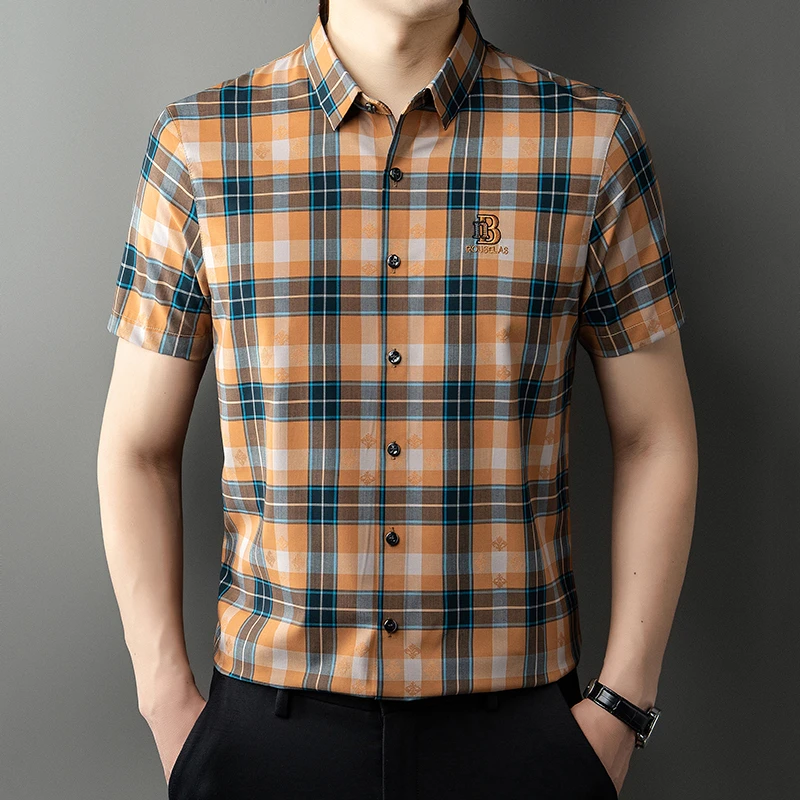 格子夏季短袖衬衫商务休闲格子衫商务男装休闲潮流高档中年