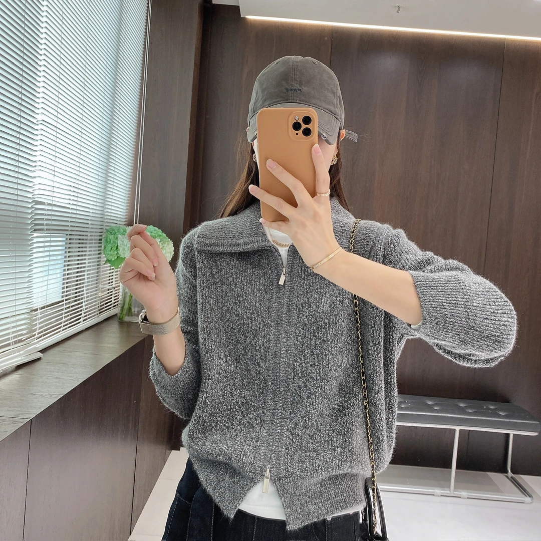 IMFLY金小金自制女装 针织开衫DYW9871早秋长袖翻领拉链针织外套