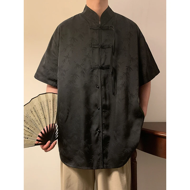 夏季薄款速干冰丝衬衫男短袖新中式国风提花设计垂感宽松唐装外套