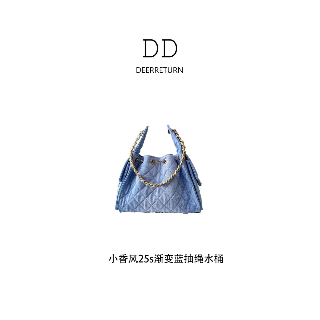 DD中号【小香风25s丹宁渐变蓝bag】时尚百搭hobo嬉皮女士菱格水桶