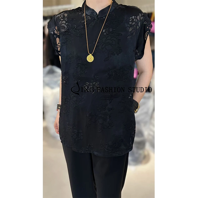 JING2025夏季新款25151立领中式小衫女装时尚国风提花唐装盘扣衫