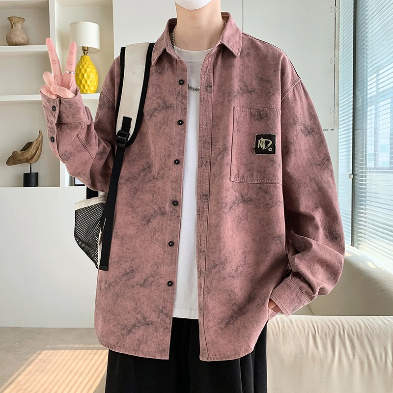 渐变扎染衬衫男上衣长袖春秋季印花翻领衬衣宽松痞帅休闲百搭外套