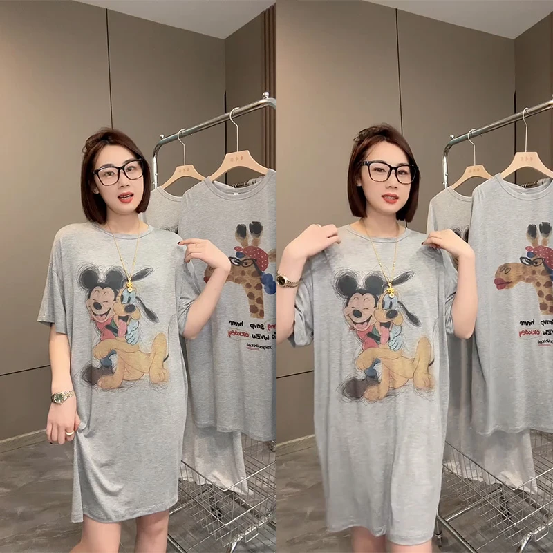 卡通米奇高弹半袖睡裙女家居可外穿家居裙休闲睡衣趣味宽松舒适