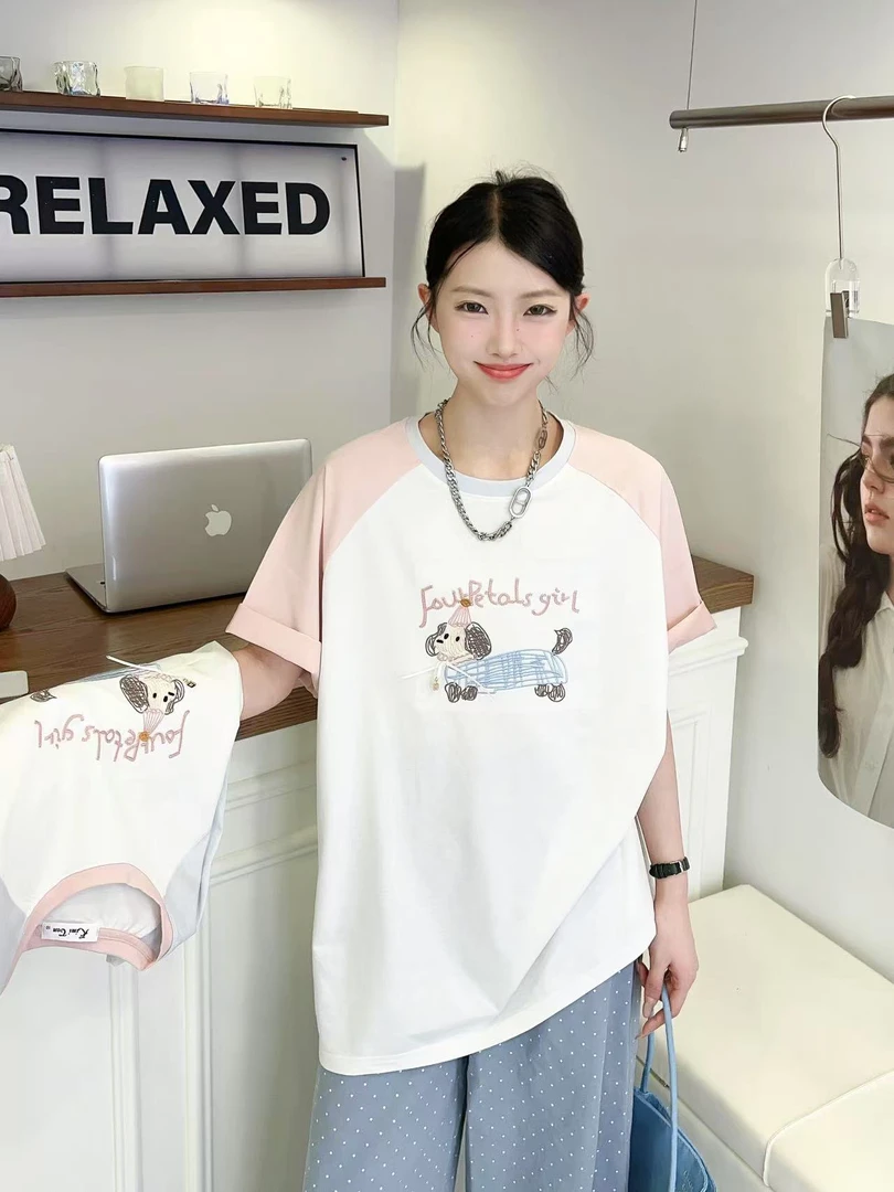 【实体店品质】孕妇装夏季新款拼袖字母小狗刺绣设计拼袖T恤上衣