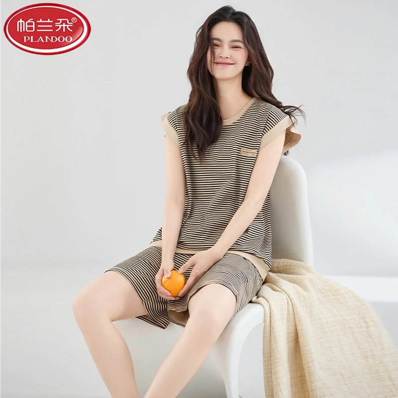 帕兰朵睡衣女夏季纯棉拉架薄款无袖背心7A抗菌全棉家居服夏款加大