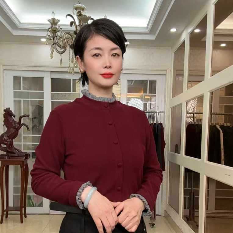 8807#民族风修身型显瘦拼接防静电秋冬季圆领修身休闲长袖套头T恤