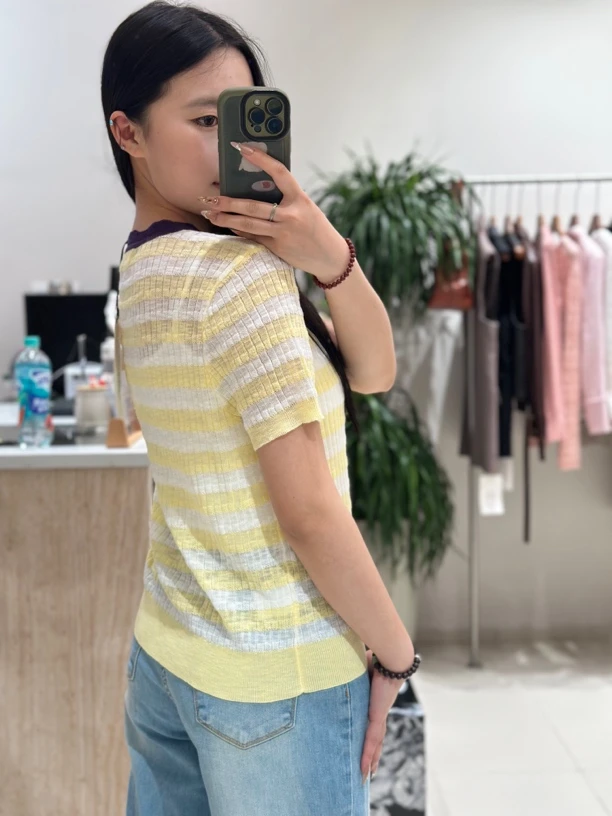 大王家夏季黄色镂空针织衫女短袖新款休闲开衫外套